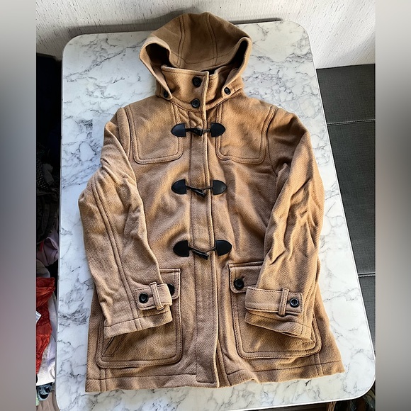 Vintage wool peat coat Jacket tan Camel warm winter weather outer layer hood - Picture 3 of 9